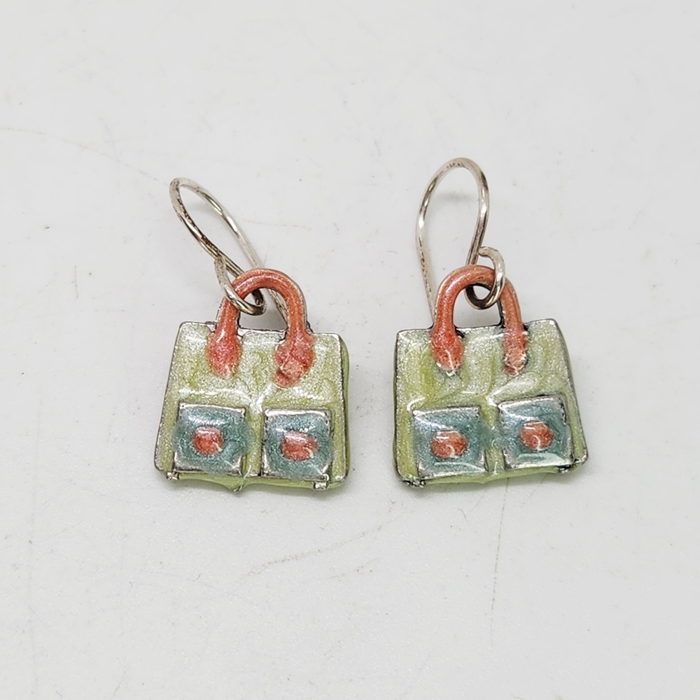 Vtg Metal Enamel Purse Bag Charm Drop Earrings Sterling Silver Hook Whimsical